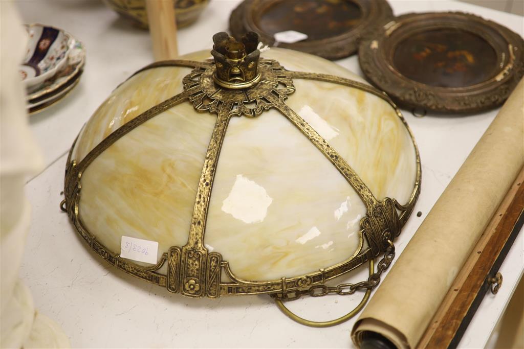 A Tiffany style gilt metal and marbled glass ceiling shade, diameter 48cm